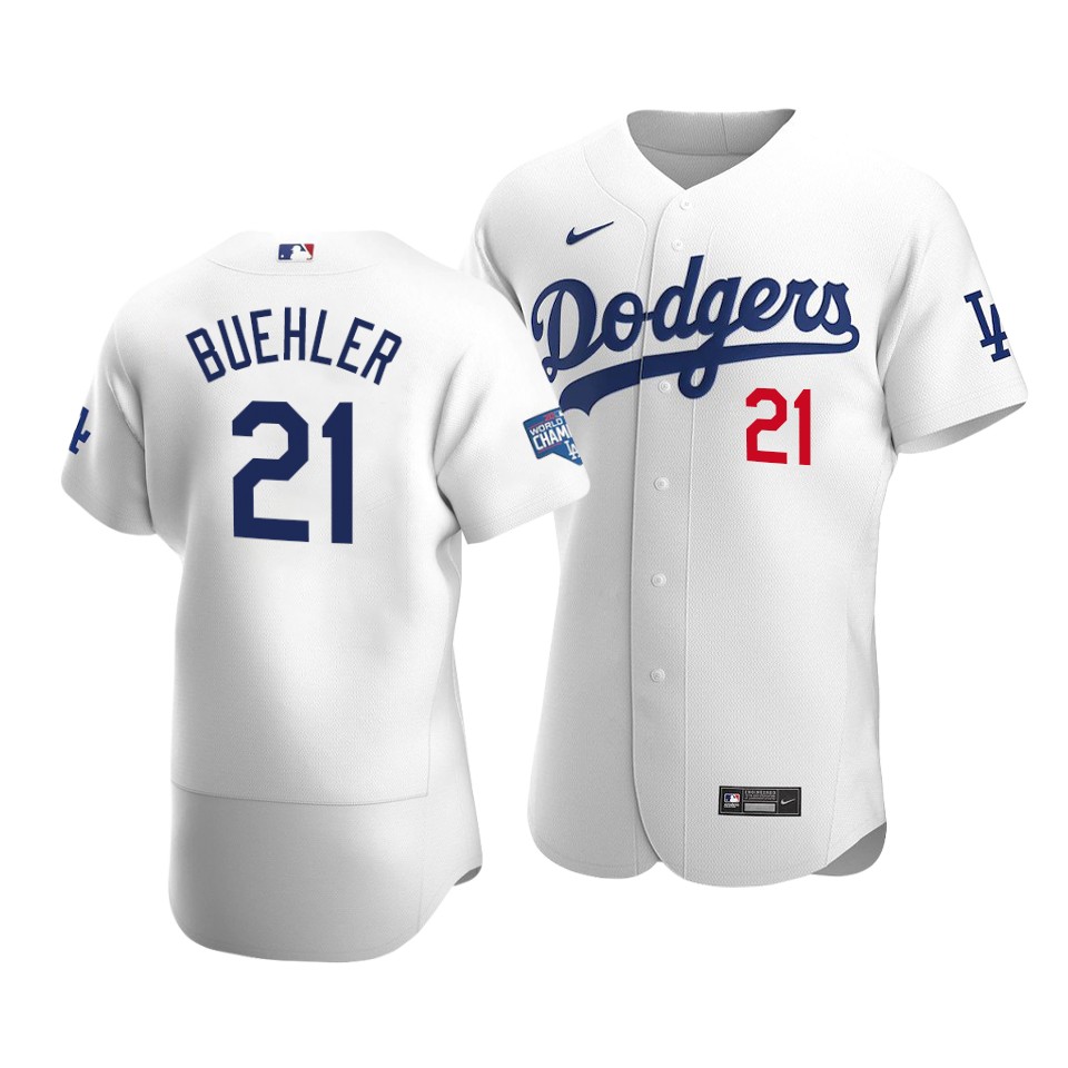 Men's Los Angeles Dodgers #21 Walker Buehler 2020 White World Series Champions Patch Flex Base Sttiched Jersey